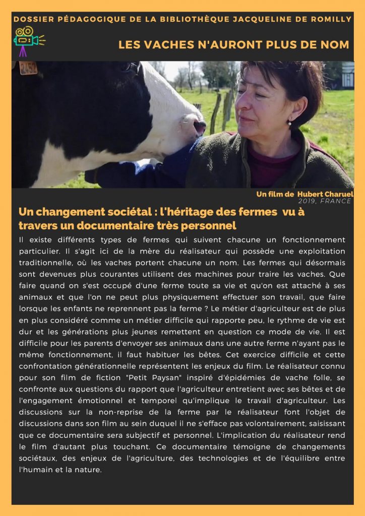 Fiche pédagogique Les vaches n'auront plus de nom conçue par la Bibliothèque Jacqueline de Romilly