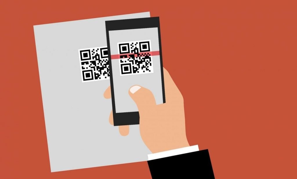 Dessin d'une main qui vient lire avec un smartphone un QR code