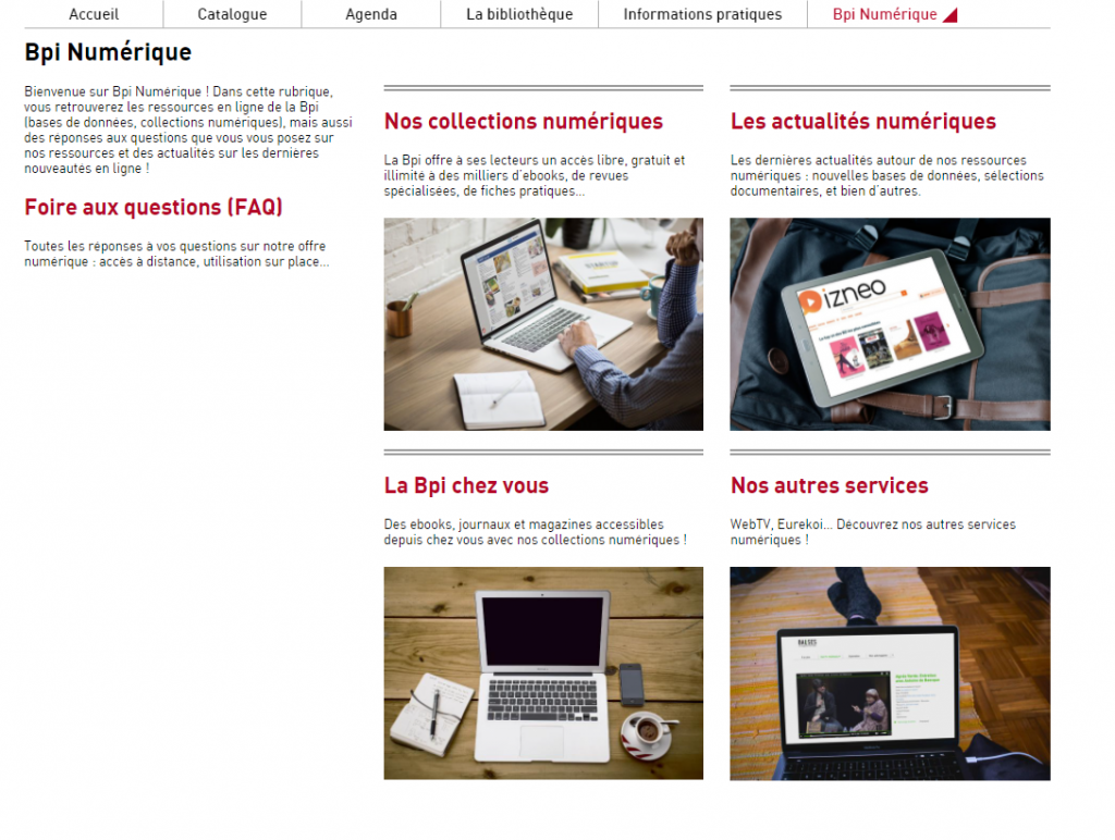Capture d'écran de la rubrique Bpi numérique avec une vue d'ensemble de l'ensemble des pages : collections numériques, actualités numériques, Bpi chez vous, autres services, foire aux questions.