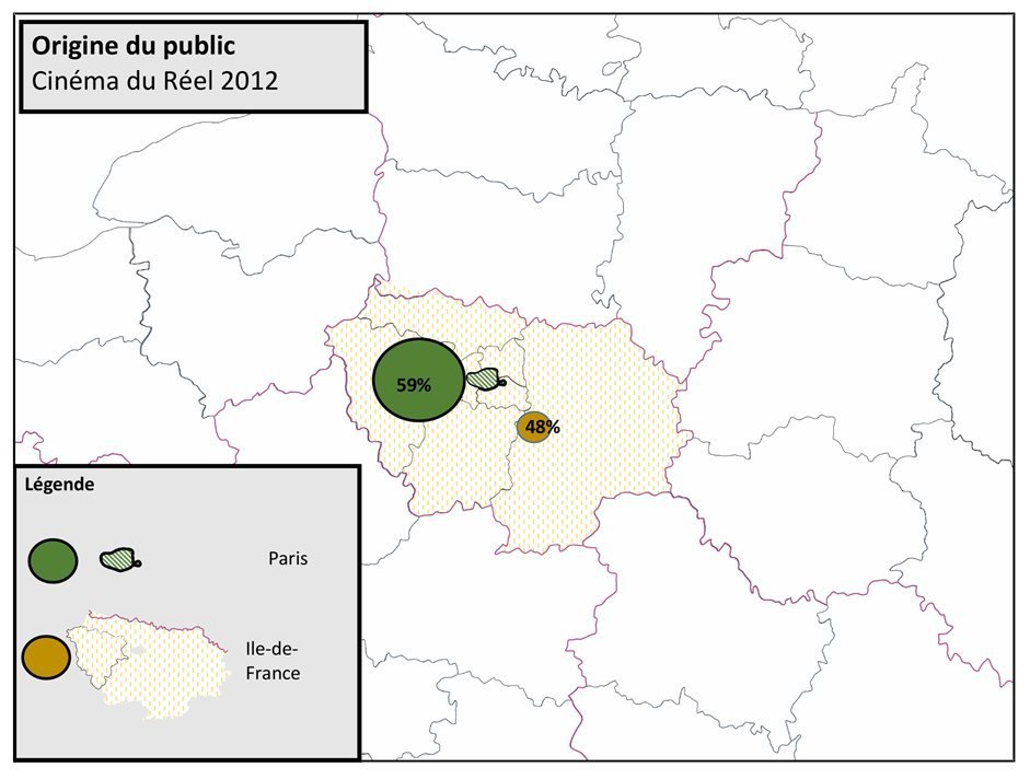 Carte des publics de Cinéma du Réel (2012) résidant à Paris et hors Ile-de-France