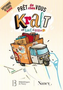 Affiche de lancement du service kraft ave un dessin du véhicule piaggio, chargé de livres, sur une carte de la ville de Nancy