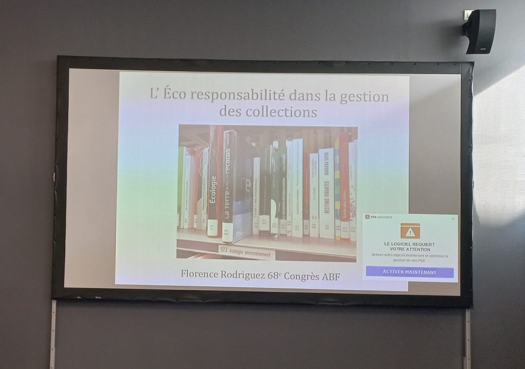 Présentation de l'atelier animé par Florence Rodriguez "L'écoresponsabilité dans la gestion des collections" © Bpi