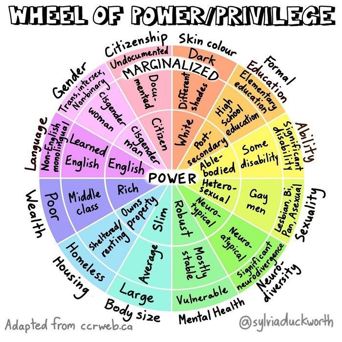 La roue des privilèges de Sylvia Duckworth est une représentation visuelle de la manière dont le pouvoir, les privilèges et les identités sociales se croisent. Les identités qui détiennent le plus de pouvoir dans notre société (homme, blanc, hétérosexuel, aisé, valide) sont placées au centre, les identités qui détiennent le moins de pouvoir dans notre société (personne LGBT, noire, pauvre, handicapée) sont placées à la périphérie. La roue est divisée en 12 catégories, chacune marquée par d'une couleur spécifique.