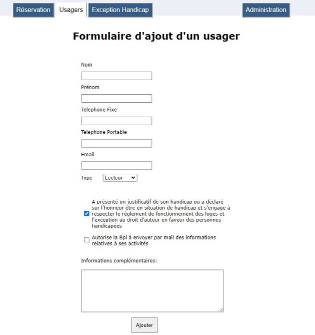 Formulaire d'ajout d'un usager sur le logiciel "Resaloges"