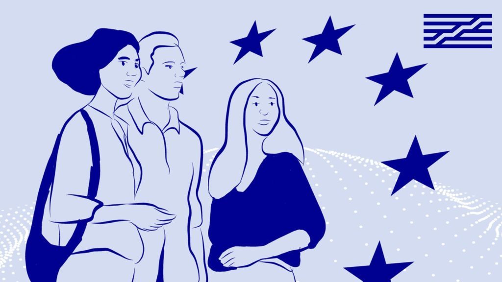 Dessin de trois personnes devant les étoiles du drapeau européen ainsi que l'élément central du logo du Centre Pompidou et de la Bpi, représentant la façade du bâtiment.