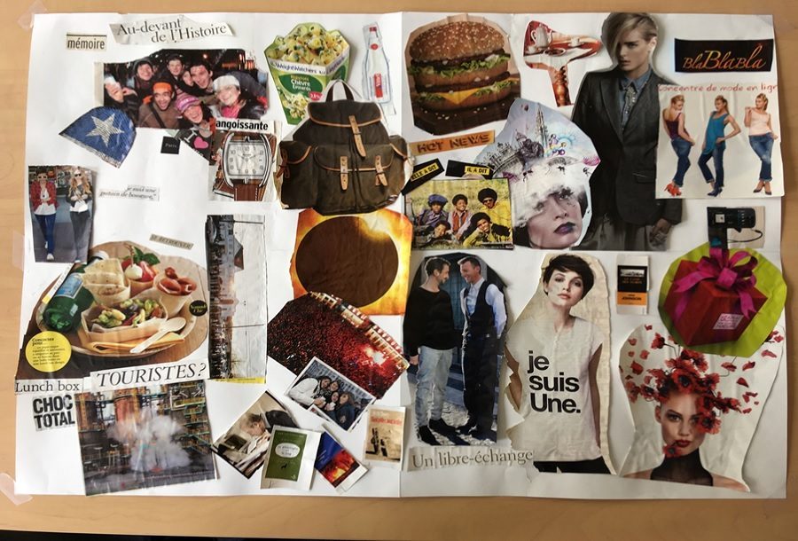 Collage : « C’est quoi la Bpi pour vous ? » avec des photos et illustrations de magazines représentant une montre, un hamburger, un groupe d'amis... Et quelques mots comme mémoire ou lunchbox.