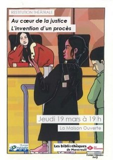 Visuel de l'action représentant un dessin en couleurs avec une jeune fille noire à la barre, habillée en robe d'avocat, face à une jeune juge, d'origine asiatique, en robe rouge.