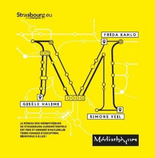 Visuel de communication des noms des 3 médiathèques cardinales de l'Eurométrople Strasbourg : Gisèle Halimi, Frida Kalho, Simone Veil : "le réseau des médiathèques de Strasbourg Eurométrople est fier et honoré d'accueillir trois femmes d'exception, bienvenue à elles !"